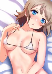  bed bikini blue_eyes blush breasts brown_hair cleavage collarbone commentary_request female highres love_live! love_live!_sunshine!! micro_bikini navel nose nose_blush on_bed open_mouth short_hair sikamiya stomach swimsuit watanabe_you 