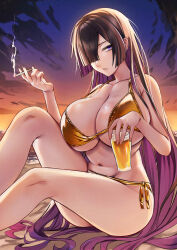  a.i._voice absurdres beach bikini black_hair blue_eyes breasts cigarette cup female gold_bikini highres holding holding_cigarette holding_cup large_breasts long_hair looking_at_viewer multicolored_hair navel ocean panties parted_bangs parted_lips sitting smoke smoking solo strap_gap string_panties sunset swimsuit tenneko_yuuri underwear very_long_hair yogatari_tobari 