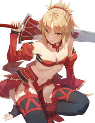  armor bandeau bare_shoulders black_thighhighs blonde_hair braid breasts clarent_(fate) detached_collar detached_sleeves fate/apocrypha fate/grand_order fate_(series) faulds female green_eyes grin highres long_hair looking_at_viewer mordred_(fate) mordred_(fate/apocrypha) navel parted_bangs pelvic_curtain ponytail sidelocks small_breasts smile solo sword tesin_(7aehyun) thighhighs thighs weapon 