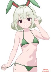  absurdres animal_ears araga_kiwi bikini breasts double_bun fake_animal_ears female green_bikini green_hair hair_bun highres mahou_shoujo_ni_akogarete navel purple_eyes rabbit_ears simple_background small_breasts solo swimsuit white_background xueli_shimazaki 