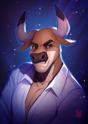  2_horns anthro athletic athletic_anthro athletic_male backlighting bovid bovine brown_body brown_eyes bust_portrait cattle clothed clothing curved_horn dark_nose dimtarius dress_shirt eyebrows hi_res horn light lighting looking_at_viewer male mammal multicolored_body open_clothing open_mouth open_shirt open_topwear pecs portrait shadow shirt solo tagme topwear two_tone_body white_clothing white_shirt white_topwear 