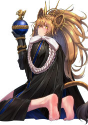  aiguillette animal_ears arknights barefoot black_cape black_gloves blonde_hair cape commentary_request crown female from_behind gloves highres kneeling lion_ears lion_girl lion_tail long_hair looking_at_viewer looking_back ponytail siege_(arknights) simple_background soles solo tail toes vambraces vina_victoria_(arknights) white_background yamauchi_(conan-comy) yellow_eyes 