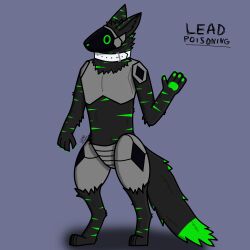  absurd_res anthro belt black_diamond claws collar colored_nails dipstick_tail fur green_claws green_eyes green_highlights green_nails green_nose green_pawpads green_stripes green_tail_tip grey_body grey_fur grey_paws grey_tail hi_res highlights_(coloring) lead_poisoning_(character) leadpoisoning machine male markings nails pawpads protogen protogen_visor purple_background simple_background solo stripes tail tail_markings watermark white_belt white_collar 