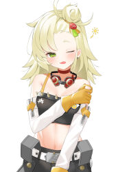  absurdres blonde_hair blush cowboy_shot crop_top earrings female gloves goggles goggles_around_neck green_eyes hair_bun highres jewelry long_hair looking_at_viewer midriff navel piper_wheel short_eyebrows simple_background solo toui_penko white_background yellow_gloves zenless_zone_zero 