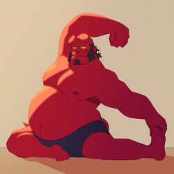  2023 arm_above_head beard belly belly_hair black_hair body_hair clothed clothing demon facial_hair feet fruppyo hair hand_on_foot hellboy_(character) hi_res humanoid male moobs nipples overweight overweight_humanoid overweight_male red_body simple_background solo stretching underwear yellow_eyes 