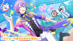  1boy black_vest blue_hair colorful_palette earrings gloves hair_between_eyes half_gloves highres jewelry kamishiro_rui male_focus multicolored_hair official_art open_mouth police police_uniform policeman project_sekai purple_hair running short_hair solo_focus source_request streaked_hair translated two-tone_hair uniform vest white_gloves yellow_eyes 