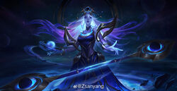  absurdres blue_dress blue_eyes blue_eyeshadow blue_hair bracelet breasts colored_skin cosmic_lux cosmic_skin dress dust eyeshadow female floating_hair gradient_background grey_hair hair_ornament highres in_orbit jewelry large_breasts league_of_legends light long_hair looking_at_viewer lux_(league_of_legends) magic makeup mole mole_under_eye object_floating_above_hand orbited outstretched_arm parted_bangs parted_lips planet rock sky sleeveless sleeveless_dress solo space standing star_(sky) starry_sky wand zsanyang 