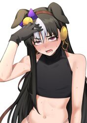  animal_ears bare_shoulders black_gloves black_hair black_tank_top bow coat collarbone commentary crop_top ear_bow ears_down female flat_chest fukuro_(maruaru00) genderswap_(mtf) gloves grey_hair hair_between_eyes headgear highres horse_ears horse_girl lower_teeth_only midriff navel open_mouth original panties personification purple_eyes reins ribbon-trimmed_underwear ribbon_trim rule_63 simple_background solo stay_gold_(racehorse) sweat tank_top teeth toned turtleneck umamusume underwear unworn_coat upper_body very_sweaty white_background 