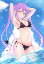  :p arms_behind_head bikini bird black_bikini blue_sky blush breasts chocomaru cleavage cloud colored_inner_hair commentary day demon_tail female green_eyes heart highres hololive long_hair multicolored_hair navel outdoors partially_submerged pink_hair purple_hair seagull side-tie_bikini_bottom sky streaked_hair string_bikini sunlight swimsuit tail tokoyami_towa tongue tongue_out twintails virtual_youtuber 