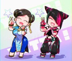  2girls black_hair bracelet breasts brown_hair chaps chibi chun-li cleavage closed_eyes double_bun hair_bun hair_horns hair_over_one_eye hair_ribbon jewelry juri_han marimo_(yousei_ranbu) multicolored_hair multiple_girls oerba_yun_fang ribbon smile spiked_anklet spiked_bracelet spikes streaked_hair street_fighter street_fighter_6 v victory_pose 