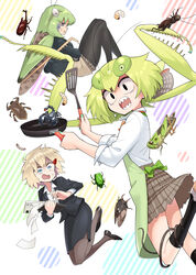  3girls absurdres apron arthropod_girl beetle black_legwear blonde_hair blue_eyes bug cicada evolvingmonkey frying_pan grasshopper grasshopper_inoue green_hair highres holding larva mantis_akiyama multiple_girls nail_polish nakamura_chise office_lady original pantyhose parasite pencil_skirt rhinoceros_beetle school_uniform scorpion sharp_teeth simple_background skirt spatula teeth worm 