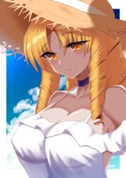  blonde_hair blue_choker blue_sky blush border breasts choker cleavage cloud coyomin day dress drill_hair fate_(series) female hat highres large_breasts luviagelita_edelfelt outside_border see-through see-through_dress sky solo spaghetti_strap strap_gap straw_hat sundress twin_drills upper_body white_border yellow_eyes 