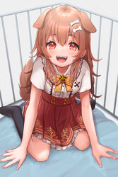  :d all_fours animal_ears black_footwear bone_hair_ornament bow bowtie brown_eyes brown_hair brown_tail cage center_frills dog_ears dog_girl dog_tail extra_ears fangs female frilled_skirt frills hair_between_eyes hair_down hair_ornament hairclip high-waist_skirt highres hololive inugami_korone inugami_korone_(street) kelly_0w0 light_blush long_hair looking_at_viewer official_alternate_costume open_mouth red_skirt shirt short_sleeves sitting skirt smile socks solo tail virtual_youtuber wariza white_shirt yellow_bow yellow_bowtie 