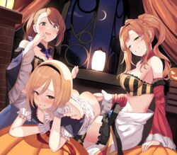  3girls absurdres ass bare_shoulders beatrix_(granblue_fantasy) beatrix_(halloween)_(granblue_fantasy) blonde_hair blush bob_cut braid breasts brown_eyes brown_hair cloud cloudy_sky commentary_request commission crescent_moon detached_sleeves djeeta_(granblue_fantasy) french_braid frills gloves granblue_fantasy green_eyes grin hairband halloween halloween_costume highres indoors jack-o&#039;-lantern lantern large_breasts midriff moon multiple_girls night open_mouth orange_hair over_the_knee ponytail pumpkin shirt skeb_commission sky smile smug spanked spanking star_(sky) starry_sky strapless strapless_shirt teeth twintails window yamato_(muchuu_paradigm) yuri zeta_(granblue_fantasy) zeta_(halloween)_(granblue_fantasy) 