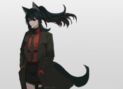  animal_ears arknights black_coat black_hair black_necktie black_skirt coat collared_shirt colored_inner_hair dress_shirt female gloves grey_background hair_between_eyes highres long_hair lumirumi multicolored_hair necktie no_earrings official_alternate_costume open_clothes open_coat red_eyes red_gloves red_shirt shirt simple_background skirt solo tail texas_(arknights) texas_(willpower)_(arknights) thigh_strap wind wolf_ears wolf_girl wolf_tail 