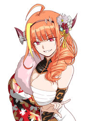  ahoge arm_under_breasts bandages bare_shoulders black_hairband blonde_hair blunt_bangs bow breasts cleavage detached_collar detached_sleeves diagonal-striped_bow diagonal_stripes dragon_girl dragon_horns drill_hair female floral_print flower hair_flower hair_ornament hair_over_shoulder hairband highres hololive horn_bow horn_flower horn_ornament horns index_finger_raised japanese_clothes kanzashi kimono kiryu_coco kiryu_coco_(new_year) large_breasts long_sleeves looking_at_viewer medium_hair multicolored_hair off_shoulder official_alternate_costume orange_hair pointy_ears red_eyes red_kimono sarashi side_drill side_ponytail simple_background skindentation smile solo streaked_hair striped striped_bow taguchi_kenji_(omaep) upper_body virtual_youtuber white_background wide_sleeves 