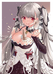  absurdres azur_lane black_bow black_dress bow breasts cleavage clothing_cutout commentary_request cross cross_earrings detached_collar dress earrings female food food_on_body food_on_breasts formidable_(azur_lane) frilled_dress frills grey_hair hairbow hands_up highres ice_cream jewelry kikimi large_breasts long_hair long_sleeves looking_at_viewer maid red_eyes shoulder_cutout smile solo spoon tongue tongue_out twintails upper_body very_long_hair 