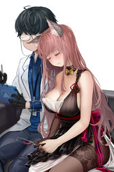  1boy animal_ears bare_shoulders bell black_hair blue_shirt blush breasts brown_hair cat_ears cleavage closed_mouth collarbone dress faceless faceless_male female girls&#039;_frontline girls&#039;_frontline_neural_cloud glass glasses gloves head_on_another&#039;s_shoulder highres lab_coat lace large_breasts male_professor_(neural_cloud) moran_(pixiv27824646) neck_bell official_alternate_costume persicaria_(besotted_evernight)_(neural_cloud) persicaria_(neural_cloud) professor_(neural_cloud) shirt single_glove sitting sleeping white_background 