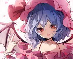  :o bare_shoulders bat_wings blue_hair bra_strap commentary dress female fingernails hand_up hat hat_ribbon head_tilt looking_at_viewer md5_mismatch mob_cap nail_polish off-shoulder_dress off_shoulder open_mouth petals pink_dress pink_hat pink_nails piyokichi red_eyes red_ribbon remilia_scarlet ribbon sharp_fingernails short_hair simple_background solo touhou upper_body white_background wings wrist_cuffs 