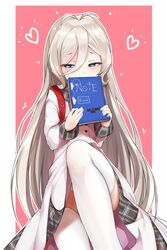  absurdres antenna_hair blue_eyes blush dress female grey_hair hair_between_eyes heart highres holding holding_notebook knee_up kokkoro_(princess_connect!) kokkoro_(real)_(princess_connect!) long_hair long_sleeves looking_at_viewer notebook panties princess_connect! school_uniform simple_background solo thighhighs underwear very_long_hair white_dress white_panties white_thighhighs wo_chi_xiangjiao_pi 