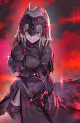  blush breasts crossed_arms fate/grand_order fate_(series) feet_out_of_frame female gloves grey_hair helmet highres jeanne_d&#039;arc_alter_(fate) large_breasts looking_at_viewer magic rolua smile solo sword weapon yellow_eyes 