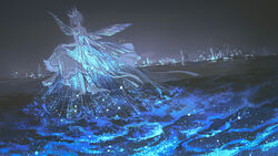  bare_shoulders bioluminescence bird blue_dress blue_theme chinese_commentary choker city city_lights commentary crow dress facing_away fairy_wings female ferris_wheel from_behind glowing highres night ocean original outstretched_hand photoshop_(medium) ribbon sea_sparkle senryoko short_hair signature skirt_hold sky solo sparkle standing strapless strapless_dress transparent_wings wading waves wings 