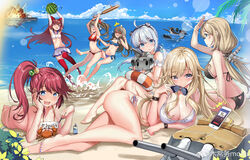  6+girls :d ;d absurdres abyss_horizon ahoge animal armpits bad_anatomy bare_shoulders barefoot baseball_bat beach bikini bikini_skirt black_bikini blindfold blonde_hair blue_bikini blue_eyes breasts cellphone character_request choker cleavage commentary_request crab criss-cross_halter day elbow_gloves explosion food fruit gloves grey_hair hairband halterneck highres holding horizon kikimi large_breasts lens_flare lifebuoy long_hair looking_at_viewer low_twintails miniskirt multiple_girls nude ocean one_eye_closed open_mouth outdoors phone red_bikini red_hair red_legwear sailor_bikini sailor_collar shading_eyes ship side-tie_bikini_bottom skirt smartphone smile strap_gap string_bikini suikawari swim_ring swimsuit thighhighs thighs turret twintails watercraft watermelon white_bikini zettai_ryouiki 