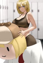  bare_arms bare_shoulders blonde_hair blue_eyes blurry blurry_background bob_cut breasts brown_sports_bra cleavage commentary costume depth_of_field female grin hair_between_eyes hair_ornament highres hololive hololive_english infi large_breasts locker locker_room looking_at_viewer mascot_costume medium_hair pants smile smol_ame solo sports_bra stain stained_clothes standing sweat sweaty_clothes teeth virtual_youtuber watson_amelia wet wet_clothes yoga_pants 