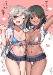  2girls absurdres asymmetrical_docking bikini black_hair black_skirt blue_bikini blue_eyes breast_press breasts cleavage collarbone commentary_request dark-skinned_female dark_skin earrings grey_hair heart highres hisakawa_hayate idolmaster idolmaster_cinderella_girls jewelry large_breasts long_hair looking_at_viewer mabanna micro_bikini microskirt multiple_girls natalia_(idolmaster) navel necklace one_eye_closed open_clothes open_shirt pink_background pleated_skirt purple_eyes shirt short_hair skirt swimsuit tied_shirt translation_request two-tone_background waving white_background white_bikini white_shirt 