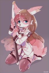  1boshi anthro blue_eyes boots brown_hair clothing femboy footwear fur hair legwear lifewonders long_hair male melee_weapon pink_body pink_fur sitting solo stockings sword tanetomo_(tas) tokyo_afterschool_summoners weapon 