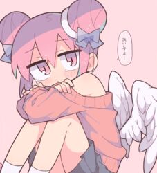  aqua_hair arm_rest bare_shoulders blush_stickers bow closed_mouth commentary crying crying_with_eyes_open datenshi-chan_(nanawo_akari) double_bun feathered_wings female fluorescent_lamp grey_bow grey_skirt hair_bun hairbow halo highres hugging_own_legs indie_utaite knees_up long_sleeves looking_at_viewer low_wings multicolored_hair nanawo_akari off-shoulder_sweater off_shoulder parody pink_background pink_eyes pink_hair pink_sweater richard_(richaball) simple_background sitting skirt socks solo speech_bubble star_(symbol) streaked_hair style_parody sweater tears terada_tera_(style) translated white_socks white_wings wings 