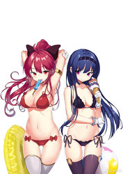  2girls absurdres alternate_eye_color antenna_hair armlet armpits arms_behind_head arms_up ass_visible_through_thighs ball bare_shoulders beachball bikini black_bikini black_bow black_legwear blue_hair bow breasts choker cleavage collarbone commentary_request cowboy_shot dripping food food_in_mouth frown gloves gold_trim groin hairband hairbow halterneck highres holding holding_food ice_cream innertube isekai_karano_nono kikimi large_breasts long_hair looking_at_viewer medium_breasts mouth_hold multiple_girls navel nono_(isekai_karano_nono) oerba_yun_fang open_mouth ponytail popsicle purple_eyes red_bikini red_eyes red_hair ruri_(isekai_karano_nono) see-through side-tie_bikini_bottom simple_background standing stomach strap_gap string_bikini swim_ring swimsuit thigh_gap thighhighs thighs v-shaped_eyebrows wet white_background white_gloves white_thighhighs 