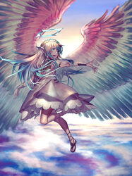  absurdres bad_id bad_pixiv_id bare_legs bracelet cloud cloudy_sky commentary_request day dress female halo highres jewelry long_hair looking_to_the_side open_mouth original outdoors rolua sandals sky sunlight white_dress wings 