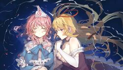  2girls afloat blonde_hair breasts cherry_blossoms choker cleavage closed_eyes closed_mouth collarbone dress elbow_gloves eyelashes frilled_dress frilled_gloves frilled_ribbon frilled_shirt_collar frills gloves hair_between_eyes hair_ribbon half-closed_eyes hand_grab highres juine large_breasts lips long_hair looking_at_another medium_breasts multiple_girls neck_ribbon no_headwear on_water partially_submerged petals pink_hair purple_choker purple_dress ribbon ripples saigyouji_yuyuko short_hair sidelocks strapless strapless_dress touhou tress_ribbon triangular_headpiece upper_body very_long_hair white_gloves yakumo_yukari 