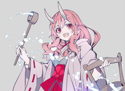  :d bucket female hair_between_eyes holding holding_bucket holding_ladle horns japanese_clothes kimono ladle long_hair long_sleeves looking_at_viewer miko nyoro_(nyoronyoro000) oni oni_horns open_mouth pink_eyes pink_hair ribbon-trimmed_sleeves ribbon_trim round_teeth shuna_(tensei_shitara_slime_datta_ken) smile solo splashing teeth temizuya tensei_shitara_slime_datta_ken water wavy_hair wide_sleeves wooden_bucket 