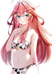  3: absurdres animal_print aqua_eyes bad_id bad_pixiv_id bare_shoulders bikini blush breasts chinese_zodiac cleavage closed_mouth collarbone commentary_request cow_print cowboy_shot female frown go-toubun_no_hanayome hair_ornament hand_on_own_chest highres long_hair looking_at_viewer medium_breasts nakano_itsuki navel o-ring o-ring_bikini print_bikini red_hair rei_(ilust9999) sidelocks simple_background skindentation smile solo star_(symbol) star_hair_ornament stomach swimsuit very_long_hair white_background year_of_the_ox 