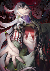  1boy ashiya_douman_(fate) asymmetrical_clothes asymmetrical_hair bell black_eyes black_hair curly_hair dark earrings evil_smile fate/grand_order fate_(series) fingernails floating floating_object green_kimono green_nails hadanugi_dousa hair_bell hair_between_eyes hair_intakes hair_ornament head_tilt japanese_clothes jewelry kimono long_hair magatama magatama_earrings male_focus multicolored_hair na222222 open_clothes open_kimono ribbed_sleeves sharp_fingernails shikigami smile solo split-color_hair toned toned_male two-tone_hair very_long_fingernails very_long_hair white_hair 