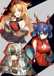  3girls ;d absurdres animal_ears arknights bare_shoulders black_jacket blonde_hair blue_eyes blue_hair breasts ch&#039;en_(ageless_afterglow)_(arknights) ch&#039;en_(arknights) china_dress chinese_clothes cleavage cleavage_cutout clothing_cutout commentary_request covered_navel criss-cross_halter double_bun dragon_horns dress fur_trim hair_bun halter_dress halterneck hat heart highres horns jacket kikimi lab_coat large_breasts long_hair looking_at_viewer looking_away multicolored_hair multiple_girls oerba_yun_fang off_shoulder official_alternate_costume one_eye_closed open_mouth red_dress red_eyes smile snowsant_(arknights) streaked_hair sunglasses swire_(arknights) swire_(honor_and_splendor)_(arknights) thumbs_up tiger tiger_ears twintails two-tone_hair 