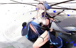  abstract_background ahoge animal_ears arm_on_knee azur_lane black_gloves black_hairband blue_choker blue_skirt breasts choker closed_mouth commentary_request detached_sleeves female fox_ears fox_mask full_body garter_straps gloves grey_eyes hair_between_eyes hairband highres hinaname holding holding_sword holding_weapon japanese_clothes katana kimono large_breasts long_hair looking_at_viewer mask mask_on_head md5_mismatch no_tail on_one_knee resolution_mismatch sakuramon sheath sheathed side_slit sideboob sidelocks single_bare_shoulder single_glove skirt sleeveless sleeveless_kimono socks solo source_smaller sword tabi thigh_strap tosa_(azur_lane) weapon white_background white_kimono white_sleeves white_socks wide_sleeves 