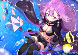  animal belt black_footwear black_shirt black_shorts boots breasts cleavage cloak commentary_request crop_top cuffs earrings female fish forever_7th_capital from_above frown hair_ornament hairclip handcuffs highres jewelry kikimi large_breasts long_hair looking_at_viewer lulu_(forever_7th_capital) midriff navel purple_eyes purple_hair ripples shirt short_shorts shorts sitting sleeveless sleeveless_shirt solo suspenders thigh_boots thighhighs very_long_hair water 