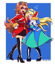  2girls :d @_@ black_skirt blonde_hair blue_coat blue_eyes blush boots breasts closed_eyes coat cousins dr._eggman dress eggmaam flying_sweatdrops genderswap_(mtf) glasses gloves green_dress hand_on_own_hip high_heel_boots high_heels highres laughing long_hair magicalm1a maria_robotnik multiple_girls orange_hair purple-tinted_eyewear red_coat round_eyewear rule_63 skirt smile sonic_(series) sunglasses thighhighs tinted_eyewear white_gloves 