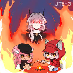  3girls :3 :d animal_ears arknights ascot black_ascot black_dress black_headwear black_shirt campfire chibi commentary dark-skinned_female dark_skin dragon_horns dress ears_through_headwear english_commentary fire fish_(food) food frown gameplay_mechanics gravel_(arknights) gravel_(modeling_night)_(arknights) grey_hair hair_between_eyes hair_intakes hat highres holding holding_stick hood hood_up hooded_jacket horns jacket long_hair long_sleeves looking_at_viewer marshmallow multiple_girls official_alternate_costume open_clothes open_jacket open_mouth orange_eyes pink_hair projekt_red_(arknights) projekt_red_(light_breeze)_(arknights) red_eyes red_jacket roasting shirt sitting skewer smile split_mouth stick supershrimpcakes tail talulah_(arknights) two-tone_dress white_dress wolf_ears wolf_girl wolf_tail yellow_eyes 