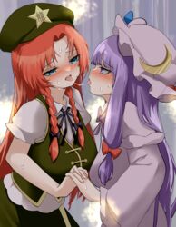  2girls after_kiss blue_eyes blush collared_shirt commentary_request crescent crescent_hat_ornament dress eye_contact green_headwear green_skirt green_vest hat hat_ornament highres hong_meiling long_hair long_sleeves looking_at_another mikan_(manmarumikan) mob_cap multiple_girls patchouli_knowledge puffy_short_sleeves puffy_sleeves purple_dress purple_eyes purple_hair purple_headwear red_hair saliva saliva_trail shirt short_sleeves sidelocks skirt star_(symbol) star_hat_ornament tongue tongue_out touhou vest white_shirt wide_sleeves yuri 