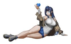  anniversary arm_support blue_eyes blue_hair blunt_bangs breasts commentary crystal denim denim_shorts english_commentary female full_body guls hair_intakes heart highres hololive hololive_english large_breasts leotard long_hair looking_at_viewer lying oerba_yun_fang on_side open_mouth ouro_kronii ouro_kronii_(casual) short_shorts shorts simple_background skin_fang solo tongue virtual_youtuber white_background 