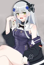  absurdres alcohol bare_shoulders beer beer_can black_hairband black_jacket blunt_bangs breasts can dress drink_can drunk female girls&#039;_frontline green_eyes grey_background grey_hair hairband highres hk416_(girls&#039;_frontline) hk416_(mod3)_(girls&#039;_frontline) holding holding_can jacket koenza_botoke long_hair long_sleeves looking_at_viewer off_shoulder open_clothes open_jacket open_mouth simple_background sleeveless sleeveless_dress solo teardrop teardrop_facial_mark teardrop_tattoo 