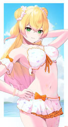  :3 absurdres arm_behind_head armband bikini bikini_skirt bizusuhatu123 blonde_hair breasts closed_mouth contrapposto cowboy_shot crossed_bangs double_bun female flower gradient_hair green_eyes hair_between_eyes hair_bun hair_flower hair_ornament hand_on_own_hip highres hololive hololive_summer_2022_swimsuit large_breasts light_blush long_hair looking_at_viewer momosuzu_nene multicolored_hair navel official_alternate_costume outside_border pale_skin pink_hair pose smile swimsuit two_side_up virtual_youtuber 