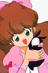  animal bow brown_hair female green_eyes highres holding holding_animal looking_at_viewer open_mouth p-chan pink_bow punch121ykk ranma_1/2 red_bow shiratori_azusa simple_background tearing_up twitter_username white_background 