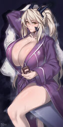  alternate_costume artoria_pendragon_(fate) artoria_pendragon_(lancer_alter)_(fate) bathrobe blonde_hair breasts collarbone duplicate fate/grand_order fate_(series) female highres hirasawa_seiji horns huge_breasts long_hair long_sleeves naked_robe pixel-perfect_duplicate ponytail robe solo wet yellow_eyes 