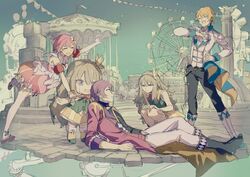  2boys 2girls ^_^ ^o^ amusement_park blonde_hair bubble_skirt carousel closed_eyes coat dress ferris_wheel highres kamishiro_rui kusanagi_nene looking_at_another lying multiple_boys multiple_girls nashinashi nenerobo on_back ootori_emu pink_hair pose project_sekai purple_hair robot skirt smile tenma_tsukasa wonderlands_x_showtime_(project_sekai) 