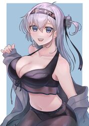  ayuko91 bikini black_bikini blue_background blush border breasts female grey_hair hair_between_eyes headband highres jacket kantai_collection long_hair long_sleeves looking_at_viewer medium_breasts official_alternate_costume one_side_up open_mouth sarong see-through see-through_sarong smile solo suzutsuki_(kancolle) suzutsuki_(swimsuit_mode)_(kancolle) swimsuit upper_body white_border 